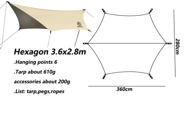 Aricxi 210t polyester Ultralight Outdoor Camping black silver coating Anti-ultraviolet rhombus square hexagon sun shelter tarp