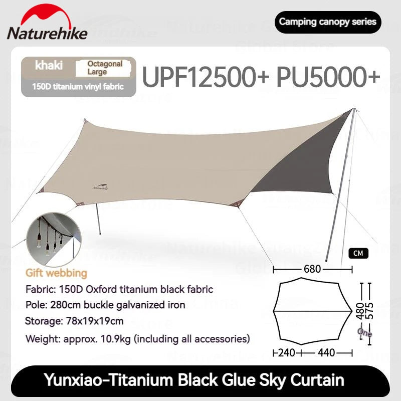Naturehike UPF12500+ Sun Shelter Camping Outdoor Portable Tarp Waterproof Canopy UV50 Black Coating Sunshade Thickened Pole