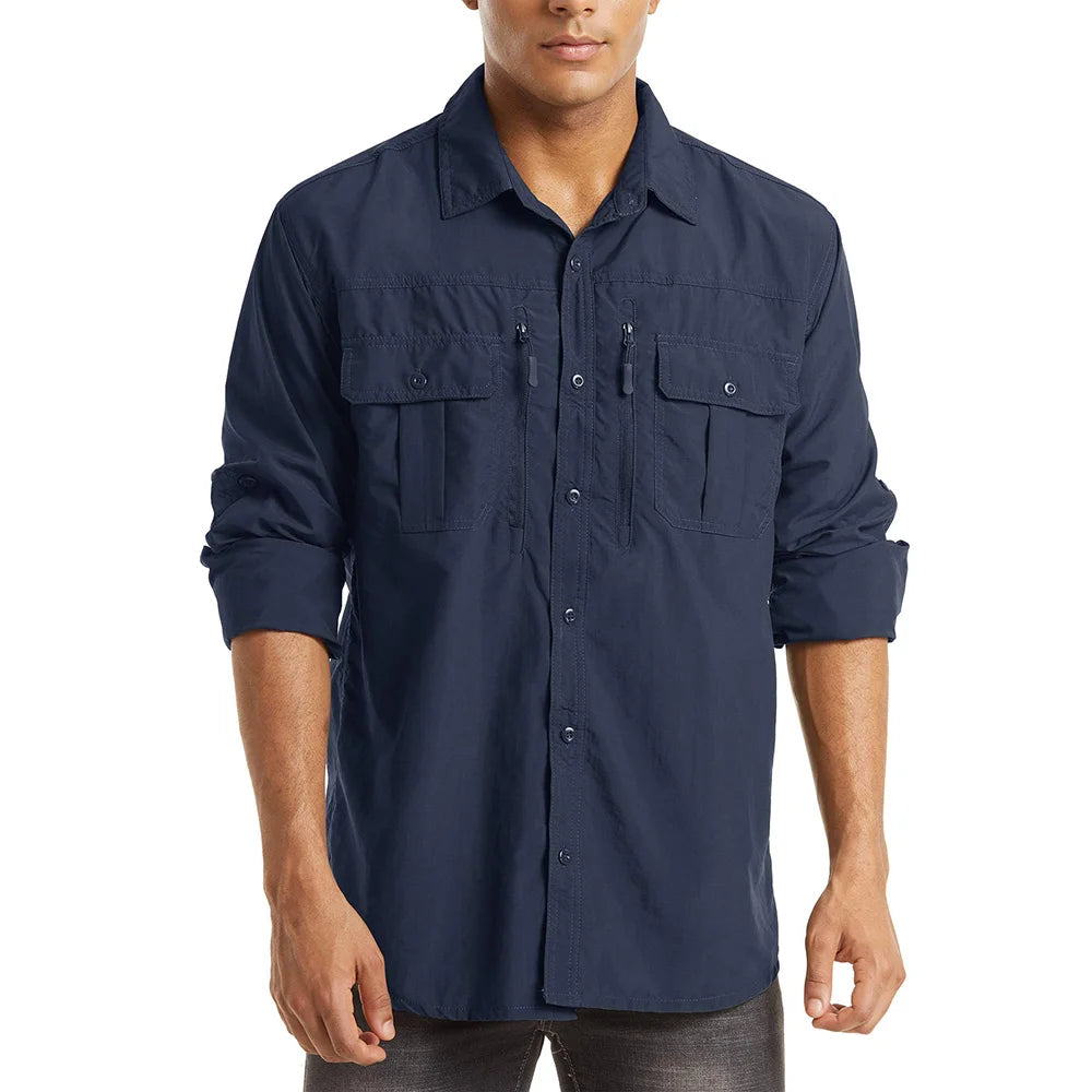 KEFITEVD Quick Dry Men's Hiking Shirts Zipper Chest Pocket Long Sleeve Cargo Shirts Lightweight Camping Trekking Fishing Shirt