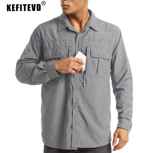 KEFITEVD Quick Dry Men's Hiking Shirts Zipper Chest Pocket Long Sleeve Cargo Shirts Lightweight Camping Trekking Fishing Shirt